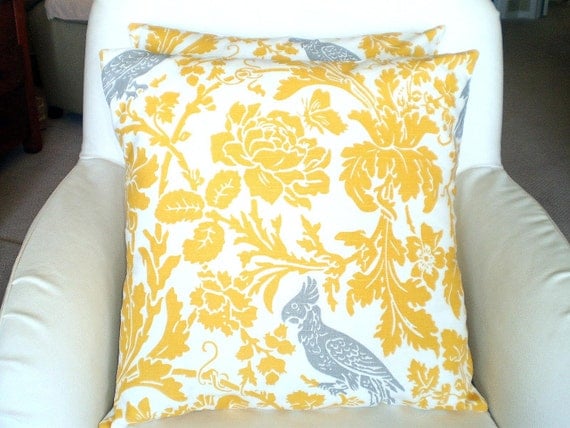 Throw Pillows Decorative Pillows Accent Pillows Cushion Covers Yellow White Floral Gray Bird BOTH SIDES - Pair of Two 18 x 18