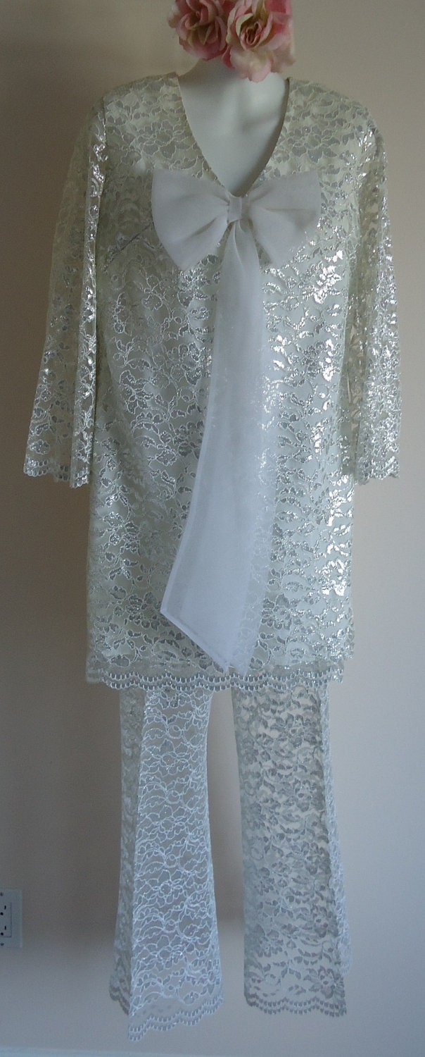 white lace pants suit