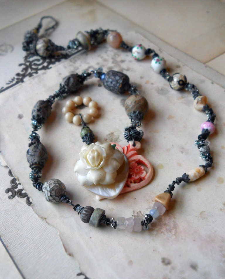 Beaded Necklace - Shell Rose & Hearts Assemblage Pendant - Polymer Clay Beads, Vintage Lampwork, Beaded Wire Wrapping,