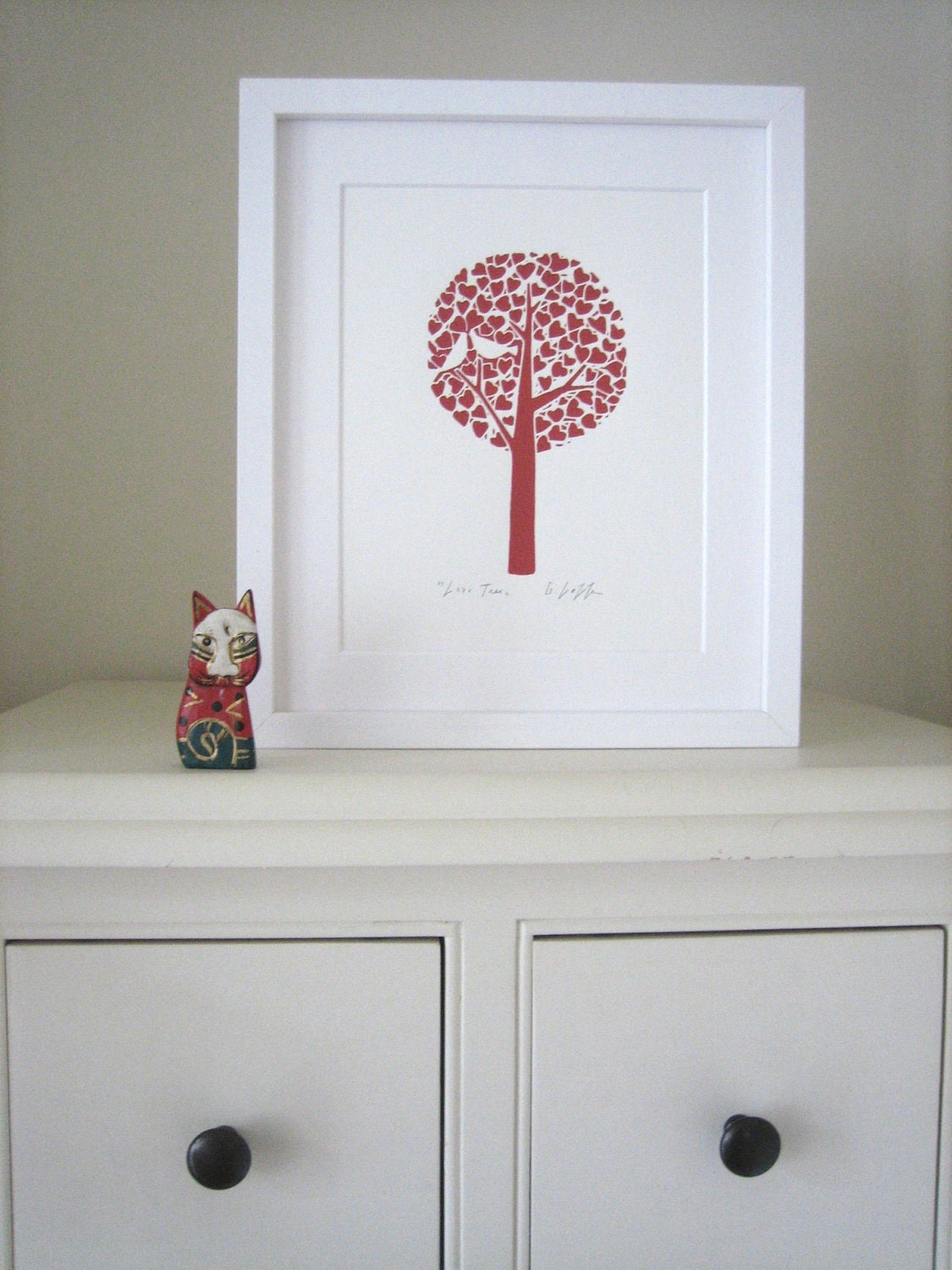 Love Doves-Tree of Life - White Doves Print - Gift of Love - Signed Linocut , Romantic Tree Anniversary Gift