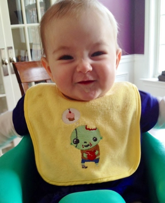Zombie Baby embroidered feeding bib.