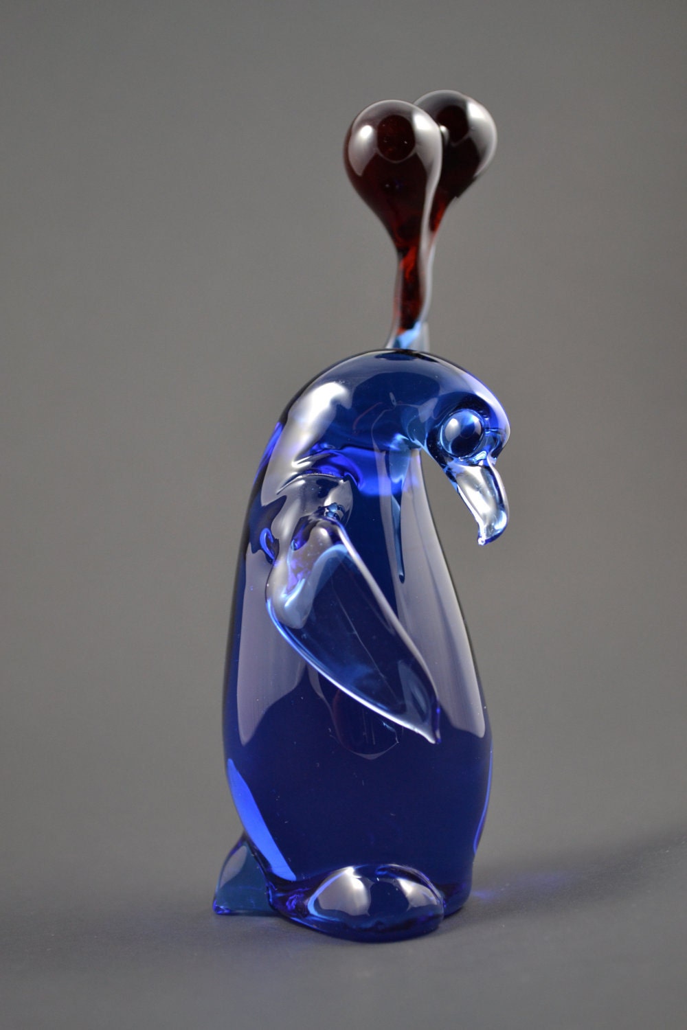 Glass Penguin Holding Heart, Blue Penguin and Red Balloon, Lampwork Sculpture