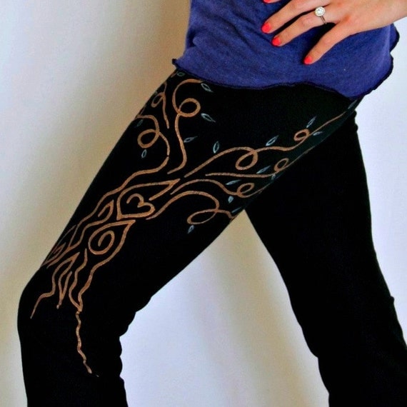 Yoga Pants Black SMALL Hand Painted, Womens Yoga Clothing Custom