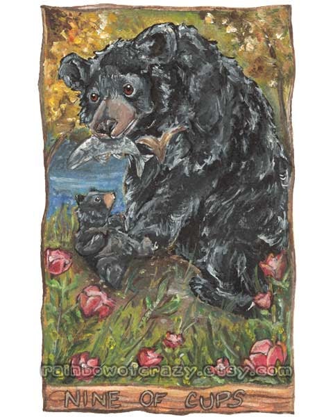 Tarot Card Art, Black Bear Print, Nine of Cups, Baby Bear Cub, Wine Cup Flowers, 8x10 Animal Artwork
