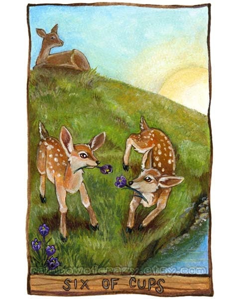 Tarot Card Art, White Tailed Deer Print, Six of Cups, 8x10 Wall Art, Crocus Flowers, Animal Illustration, Tarot DecorW