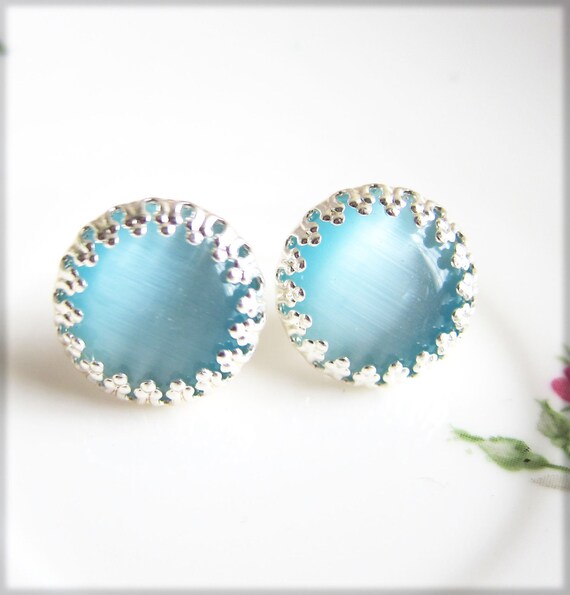 Bridal Jewelry Blue Glass Stud Silver Post Earrings Baby Blue Robin Egg Blue Light Pale Blue Wedding Bridesmaids Gift