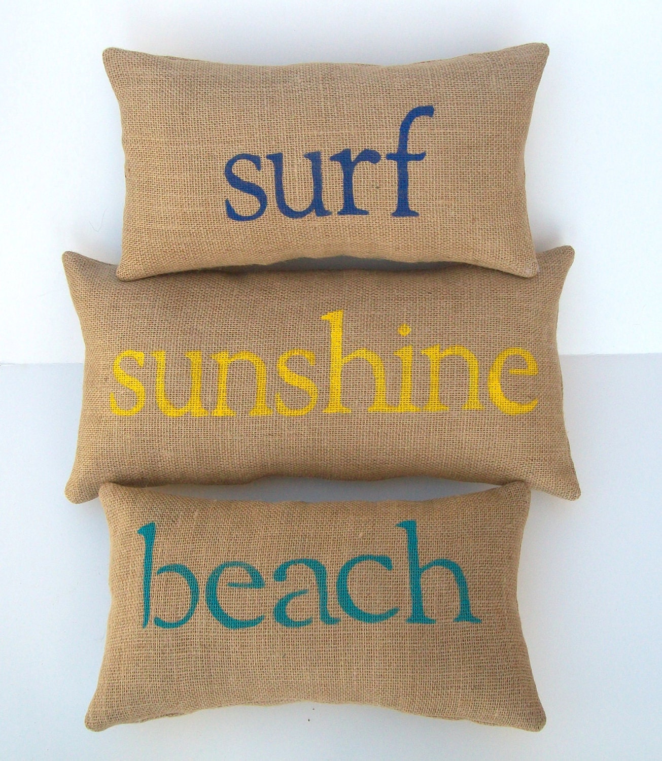 burlap beach pillows, SURF SUNSHINE BEACH word pillows, set of 3, child's theme room decor, summer beach house decor