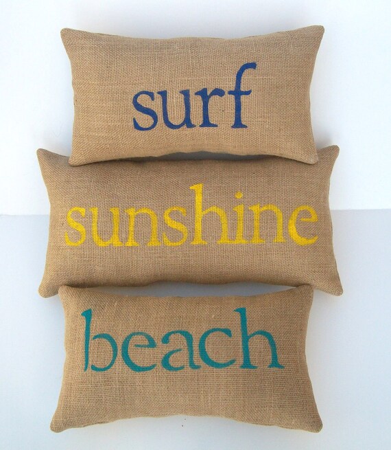burlap beach pillows, SURF SUNSHINE BEACH word pillows, set of 3, child's theme room decor, summer beach house decor