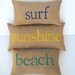 burlap beach pillows, SURF SUNSHINE BEACH word pillows, set of 3, child's theme room decor, summer beach house decor