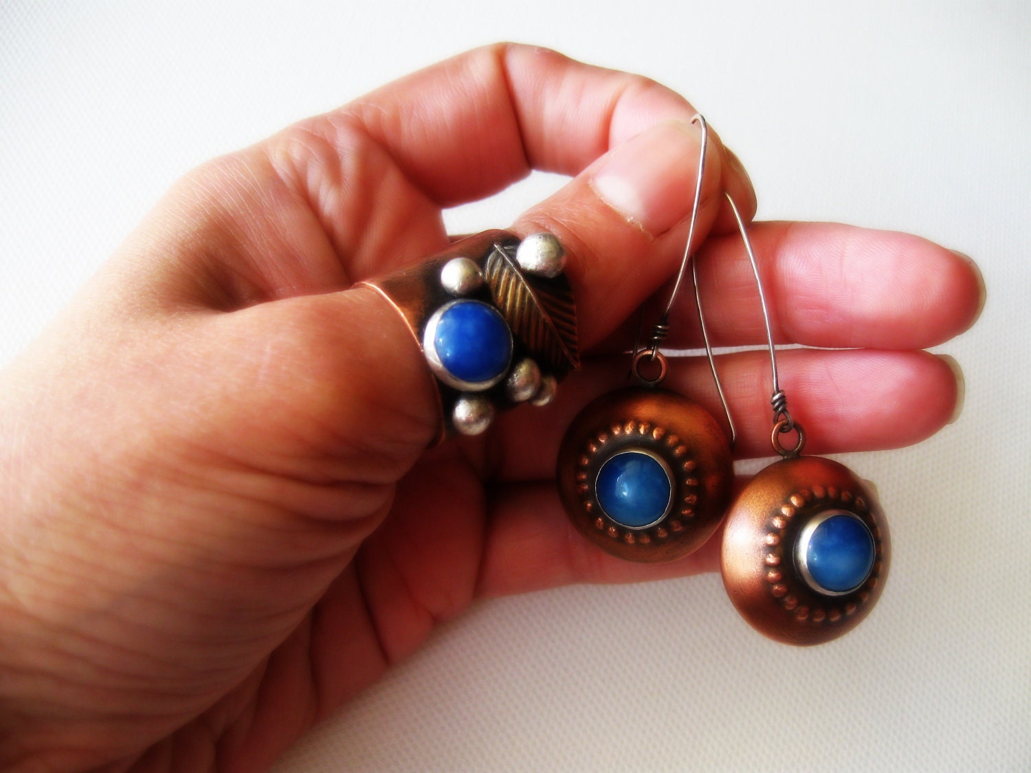 Hollow Form Earrings Rustic Copper Blue Quartz Gemstone Stone Dangles Drop Sterling Silver Bezel Set Industrial Metalsmith Hand Forged