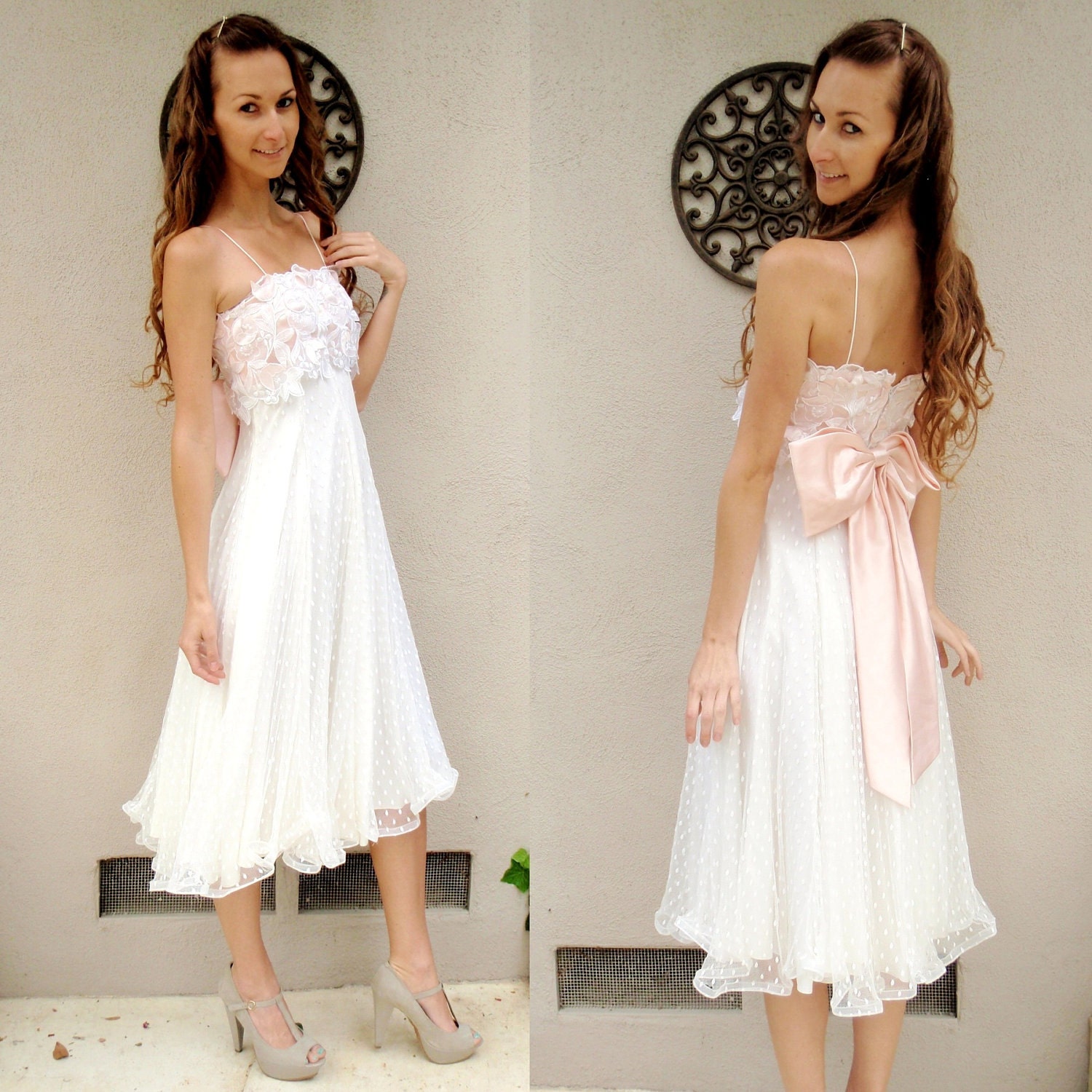 SALE Amazing white lace and polka dot gown with pink bow XS/S
