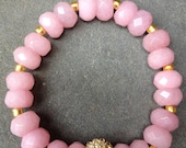Pink Jade and Gold Pave Bead Bracelet