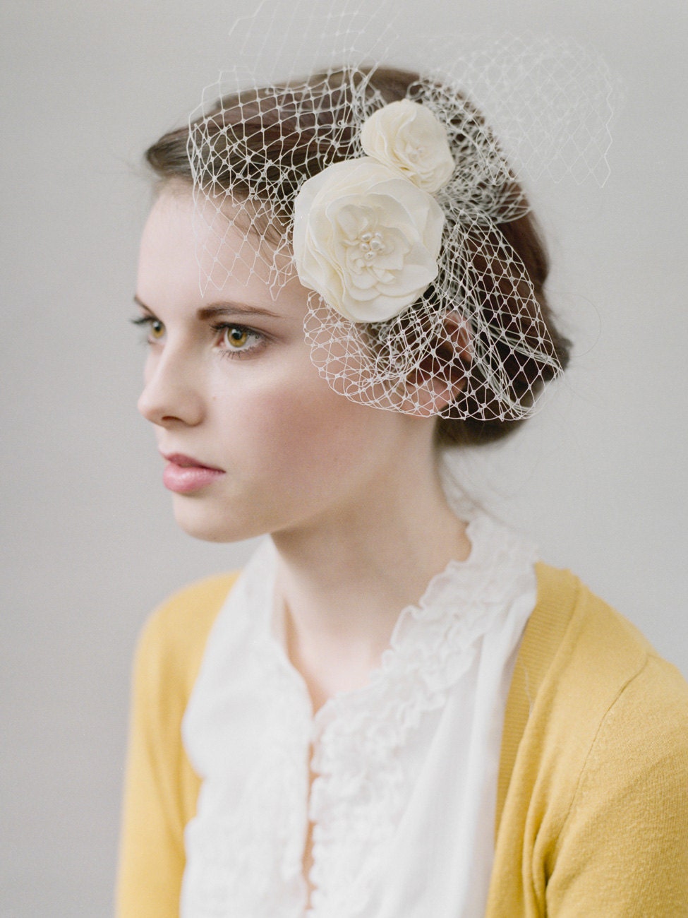Romantic / Bridal / Weddings / bridal hair piece with little veil/ flower ivory wedding head piece