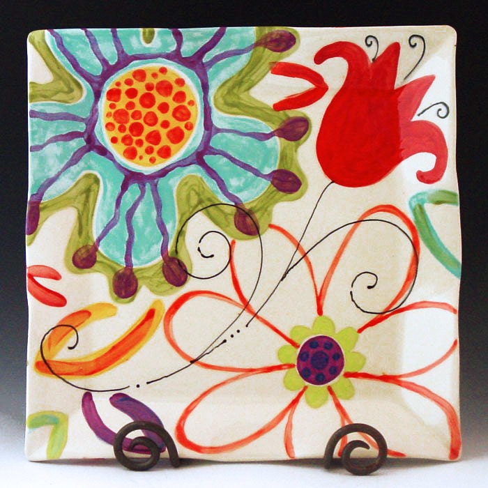 Fun Floral Serving Platter - Jubilation Large Flareware Platter - Colorful Whimsical Ceramic Pottery Serving Home Decor Gift Giving J-138