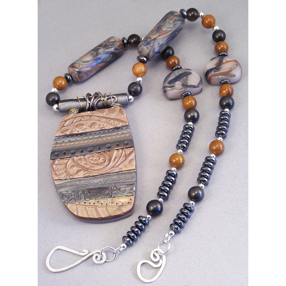 Handcrafted Necklace - Bronze Green Stamped Wire Wrapped No. 145