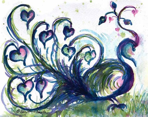 Love Heart Art - Bird art - Valentine Pink Feathered Love PeaCock watercolor giclee print 11x14