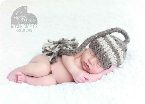Striped Elf Knit Baby Hat in Wheat and Barley Blends, Adorable Photography Prop for Baby