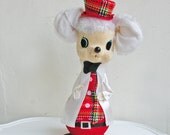 SUMMER SALE Vintage Santa Claus Mouse Mid Century Flocked Santa Figurine Doll Christmas Decor White Red Plaid Clothes Hat Christmas Doll