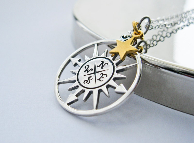 Sterling Silver Rose Compass Necklace, Tiny Gold Star - It's the Journey.