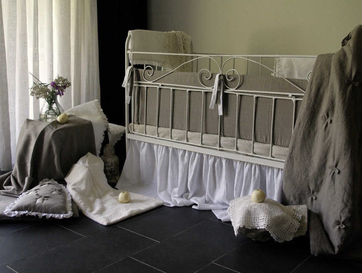 Custom linen Baby bedding Crib 7 pc Full Set  (bumper, skirt, sheet, quilt, duvet cover, pillowcase, pillow)