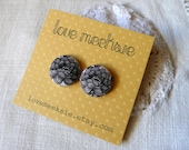 fabric button earrings, evening dahlia flower in grey, post earrings -
