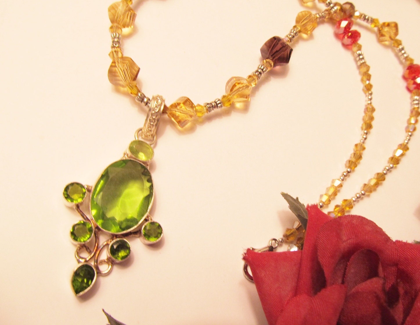 Vibrant Spring Colors in this Multi-colored Crystal Necklace with Peridot Colored Glass Pendant