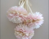 4 Pom Poms - Strawberry Napoleon Tissue Paper Pom-Poms with Satin Ribbons - Pink - Weddings, Birthday, Nursery - Decorations