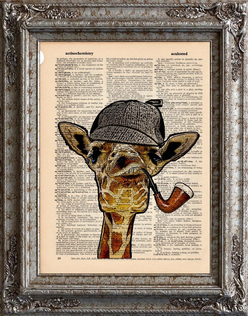 Giraffe Sherlock on Vintage Upcycled Dictionary Page Book Art Print