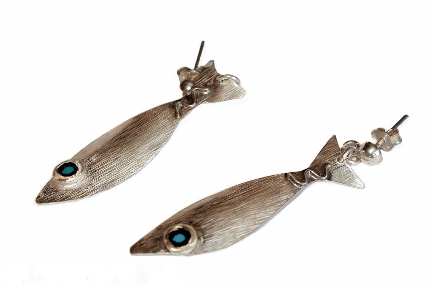 Blue Fish Earrings - Sterling  Silver - Artisan Handmade