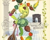 VEGGIE MAN--1940's Kitchen Food Print, Art Illustration to Frame, art print, Provensen, vegetables,color book plate, spring