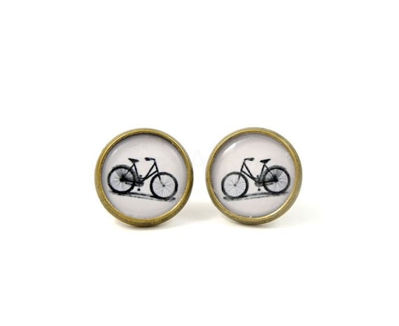 Bicycle Stud Earrings - Bike Earring Posts - Bicycle Jewelry - Black White Earrings