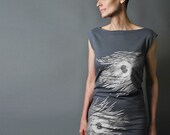 Silver Feather Party Dress, Grey Tshirt Dress - Metallic Silver Peacock Feather Print - Party Fashion
