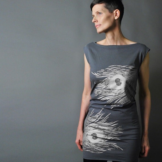 Silver Feather Party Dress, Grey Tshirt Dress - Metallic Silver Peacock Feather Print - Party Fashion
