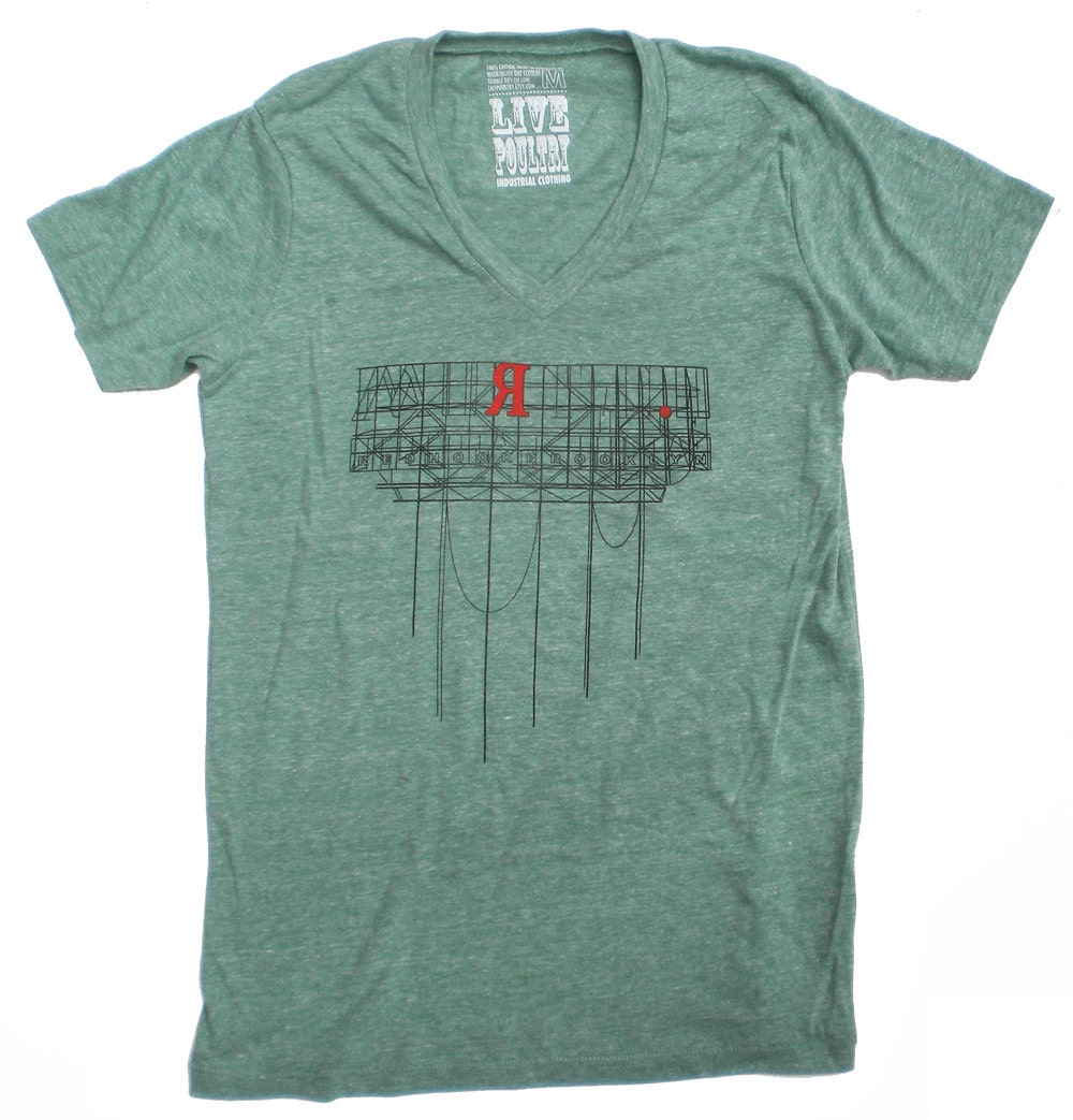 V-Neck Unisex T-Shirt in Heather Green, Red Hook Brooklyn Industrial Sign - XS, S, M, L, XL