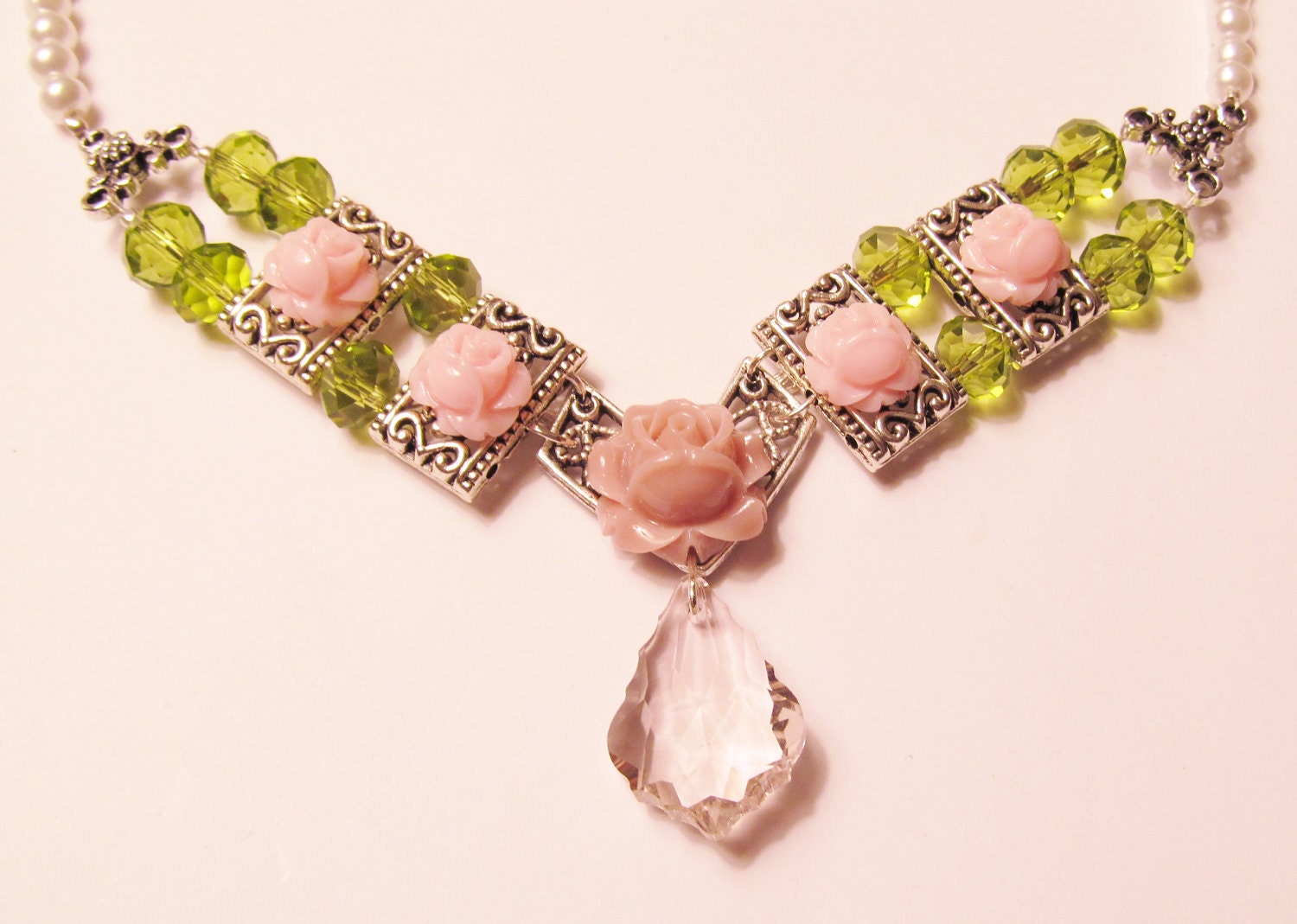 Pink Baroque Crystal Pendant Surrounded by Pink Roses, Pale Green Crystals and Pearls Necklace - CIJ Christmas in July SALE