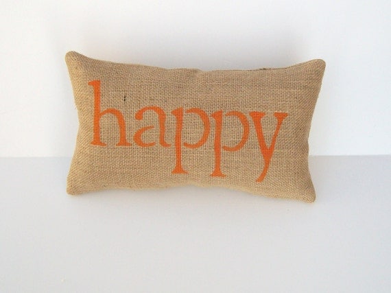 orange pillow, decorative burlap happy pillow, word pillow, home decor, orange nursery, graduation gift, teacher's gift by whimsysweetwhimsy