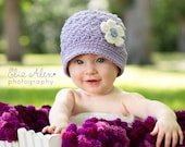 Purple Baby Cloche Hat with Cream Flower and Vintage Button, Newborn to 6 Month Size (Item 876) - ThatsTheCutestThing