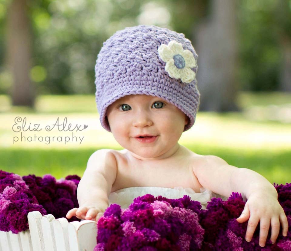 Purple Baby Cloche Hat with Cream Flower and Vintage Button, 6 to 12 Month Size (Item 789)