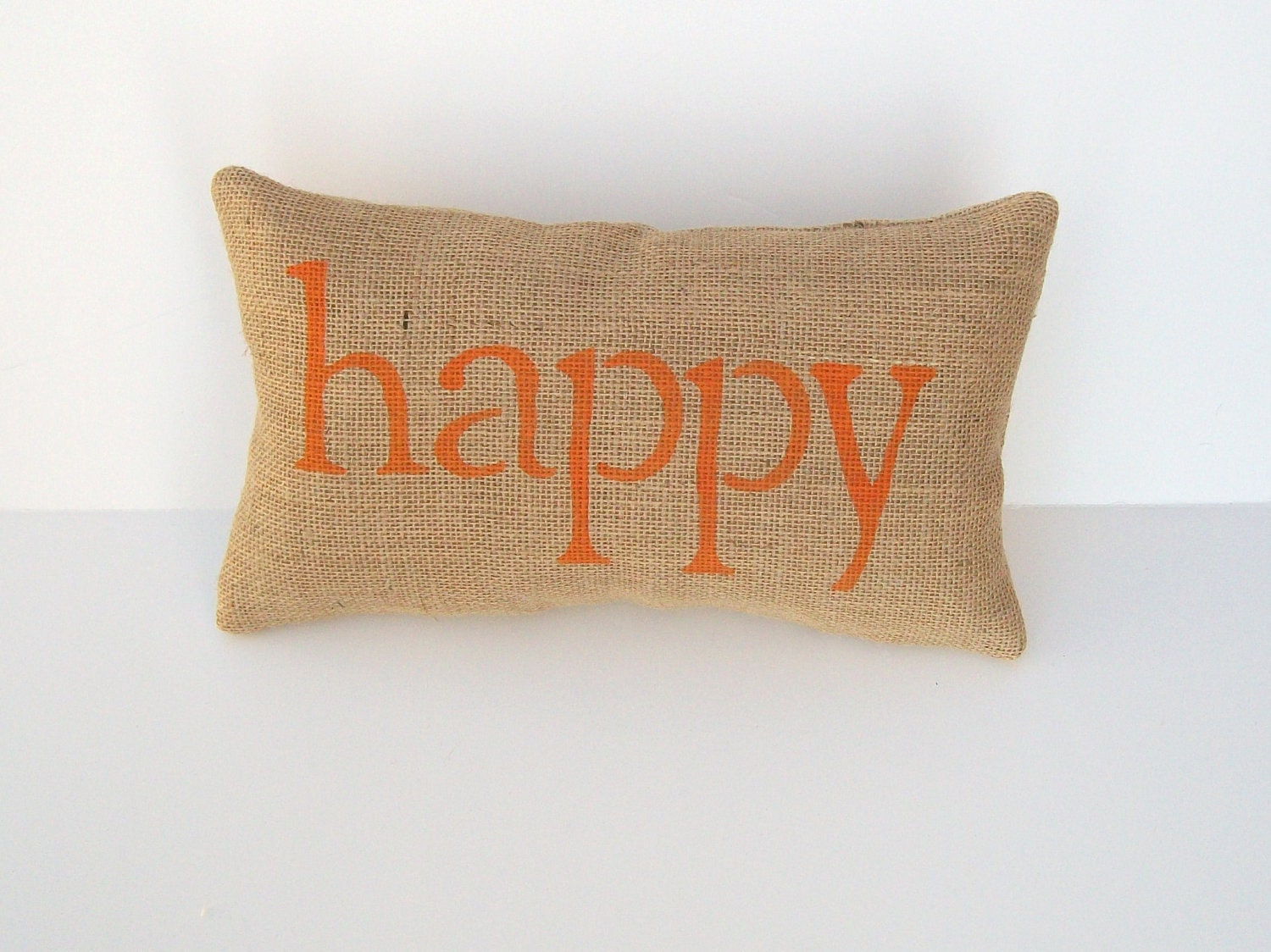 burlap pillow, decorative happy pillow, fall decor, orange pillow, home decor, nursery decor, gift under 35 by whimsysweetwhimsy - whimsysweetwhimsy
