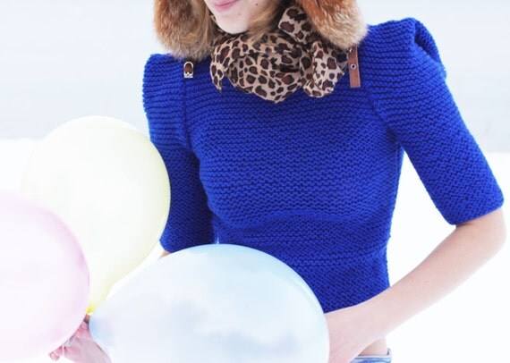 Electric blue women hand knit SPRING/SUMMER sweater modern fashion sharp shoulders clean simple"Electric Chic"