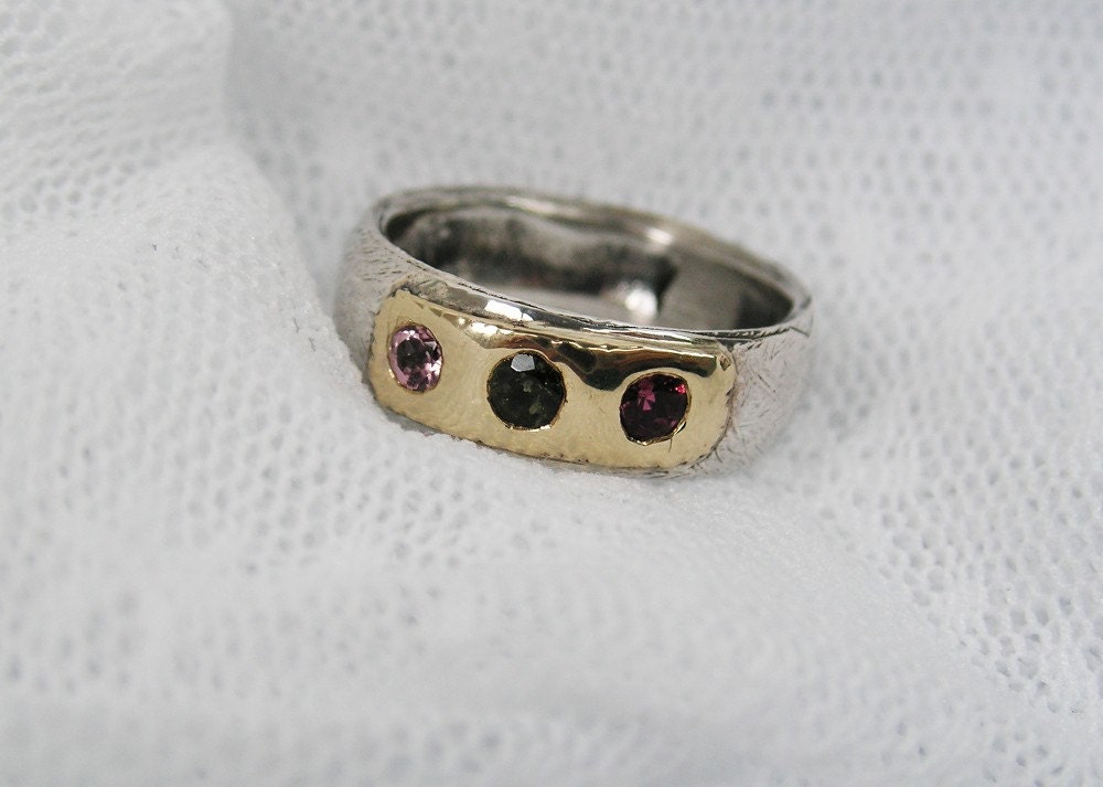 Silver gold tourmaline ring. tri-color ring  (gsr-7115). tourmaline jewelry, romantic, anniversary gift