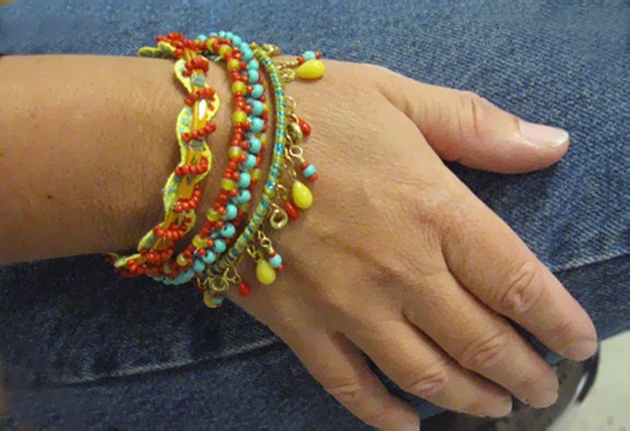 Embellished bangles, bracelets, set of three, Gypsy, Hippie, BOHO, Bohemian, unique jewelry, beaded, red, turquoise, yellow