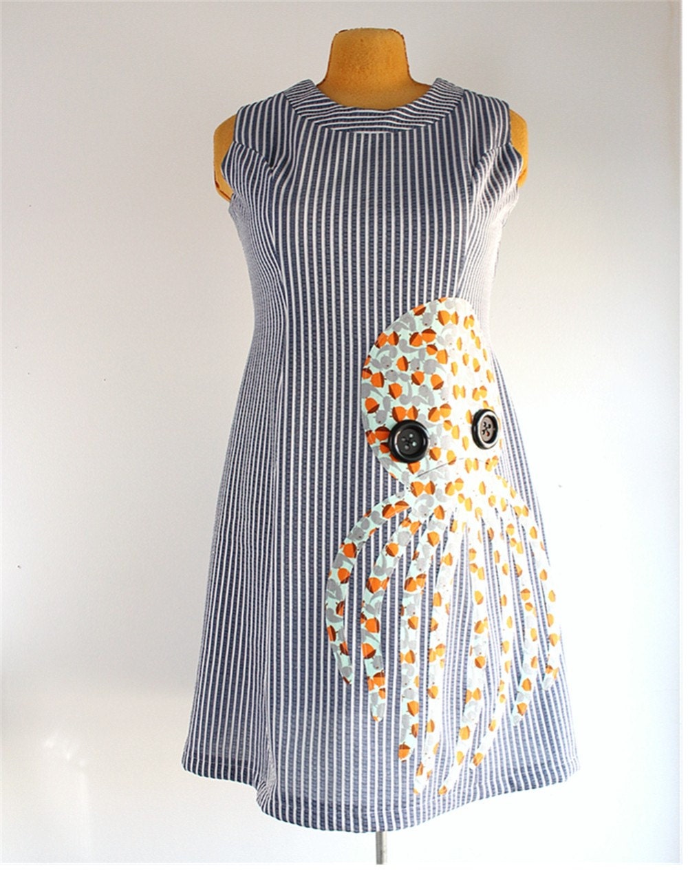 large / XL octopus dress - vintage 60's womens applique upcycled clothing - striped shift