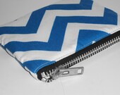 Xtra Large Padded Zippy Pouch Trendy Chevron Stripes -- Ultramarine Blue Zig Zag Cosmetic Case / Clutch Purse