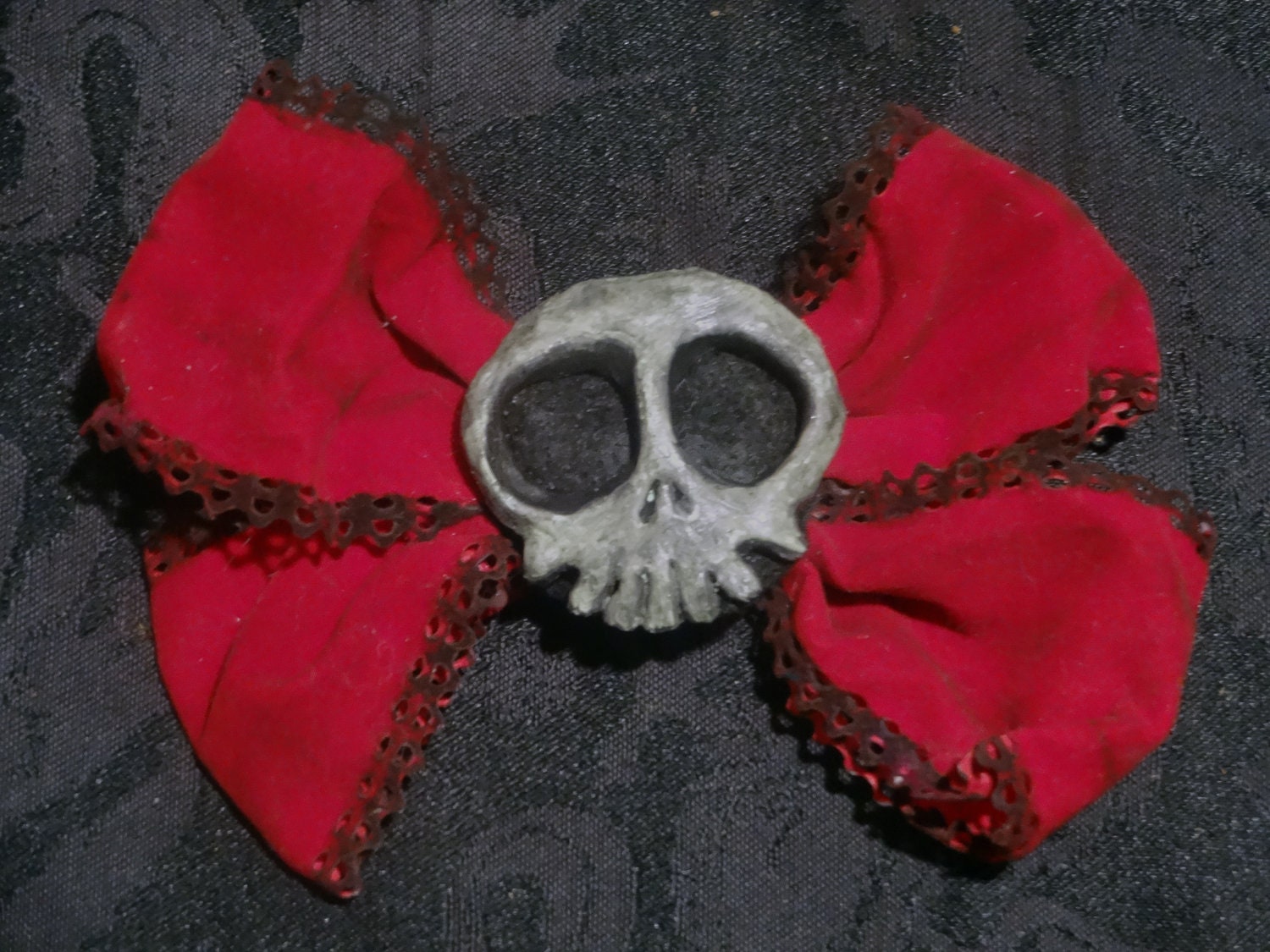 Nightmare Before Christmas Dark Red VelVet Bow W/ Glow in the Dark Skull