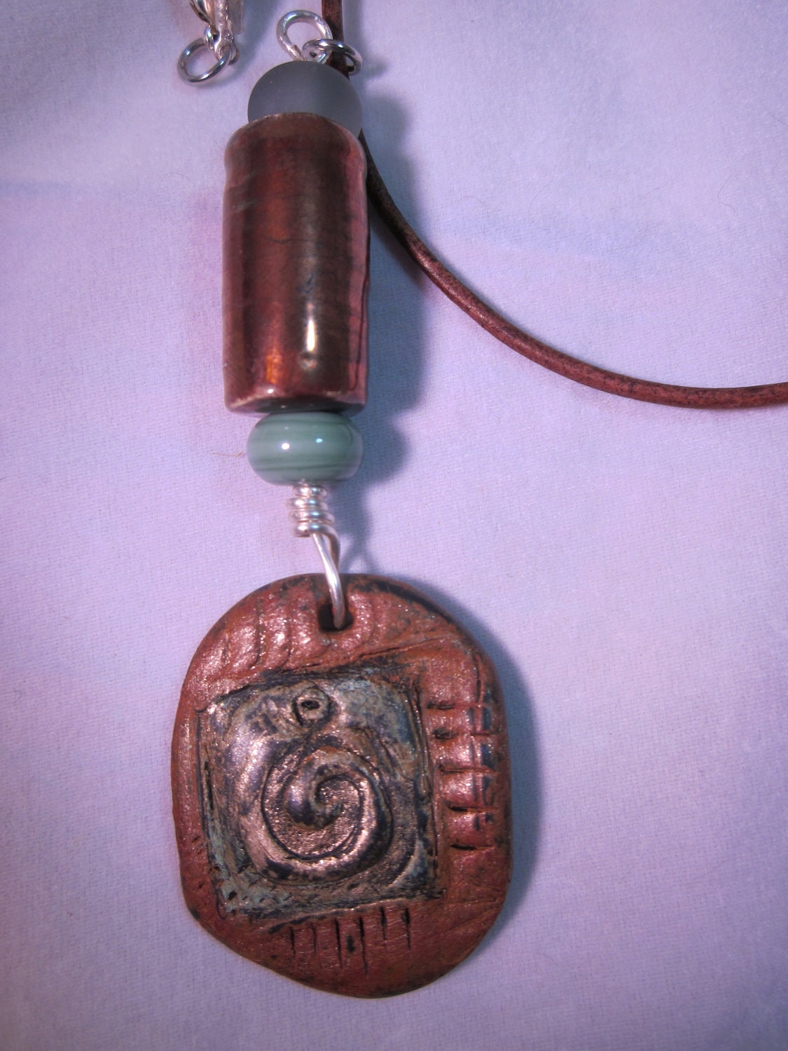 Spiral Polymer Clay Pendant with Raku Necklace
