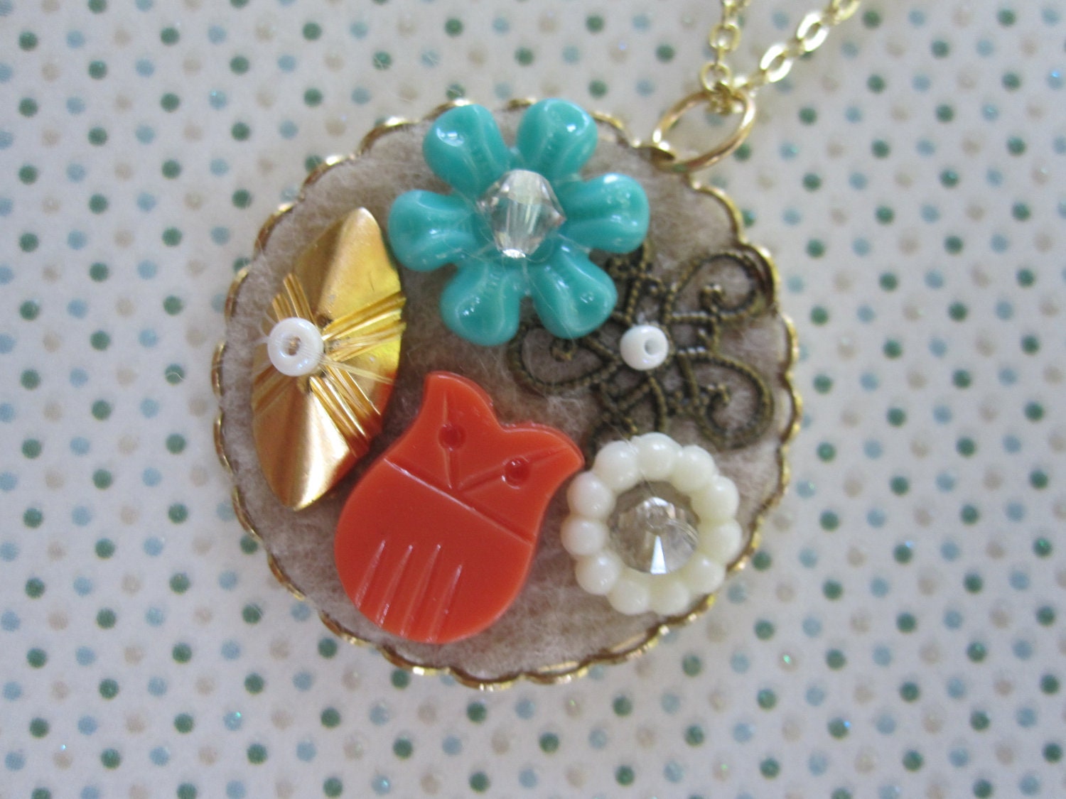 Vintage Plastic Flower Collage Necklace - Owl Garden