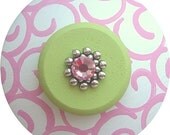 Pink and Green Swirls Swarovski Crystal Jeweled Handpainted Wood Drawer Pull Knob