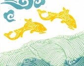 LINOCUT PRINT -  Flying Koi 29 -  Monoprint - Children Wall Art - Relief Print