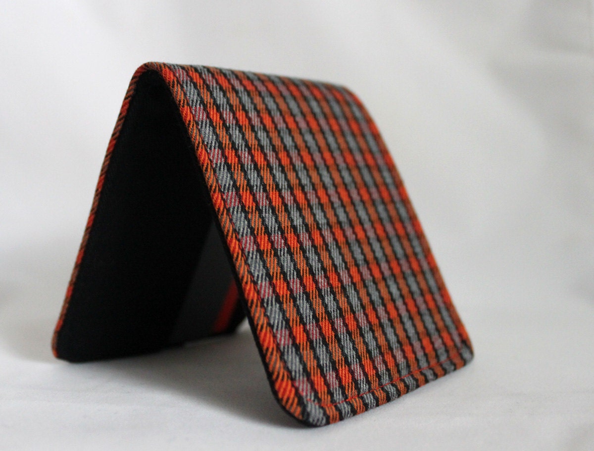 Men's Slimline Wallet Orange Plaid Flannel 5 Pocket Billfold Vegan